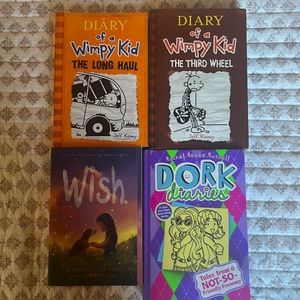 4 books two diary of a wimpy kid, one dork diaries, one wish.
